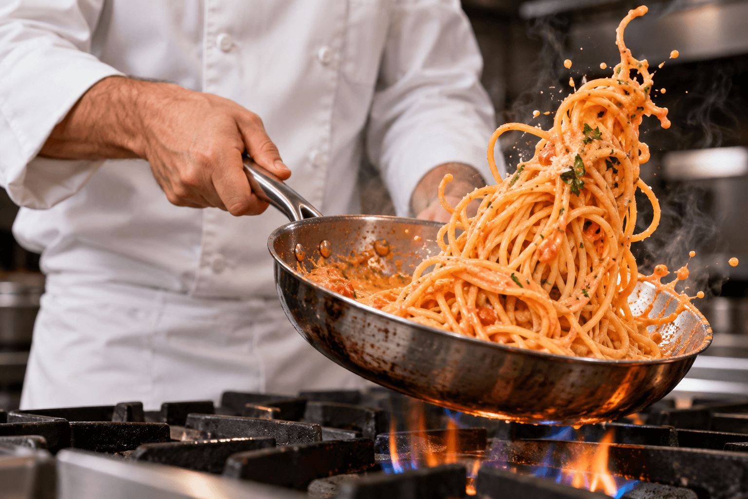 A Nick's chef tossing pasta in a pan over the flame.