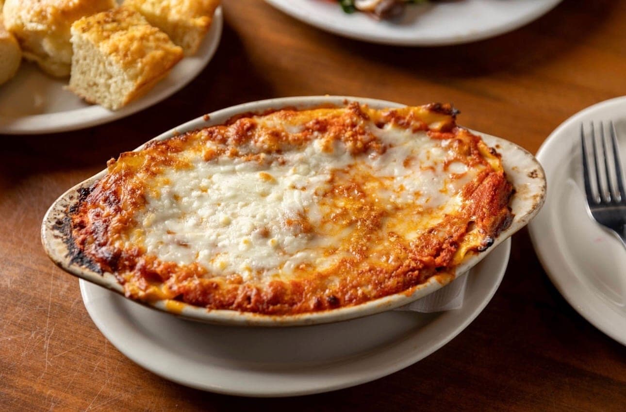 Bubbling baked lasagna with bolognese and melted mozzarella.